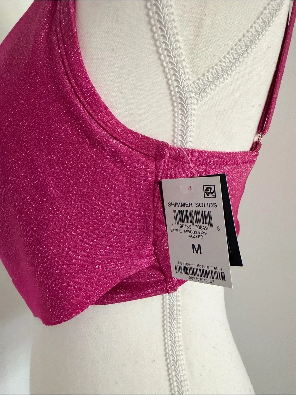Macy’s NWT sparkly pink bikini top/ swimwear with open back and cowl neck size M